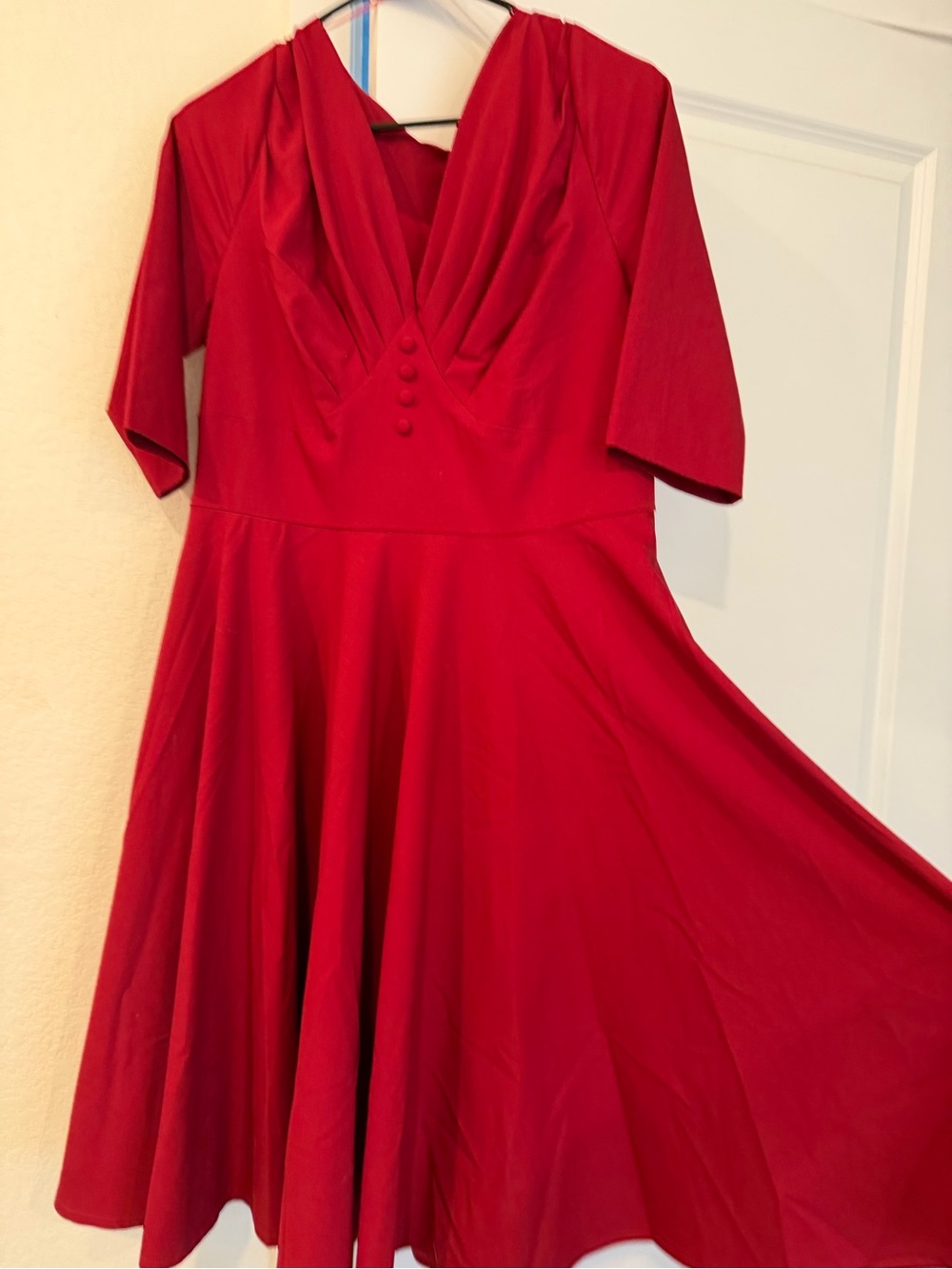 Women's Red V-Neck Midi Fit-and-Flare Dress